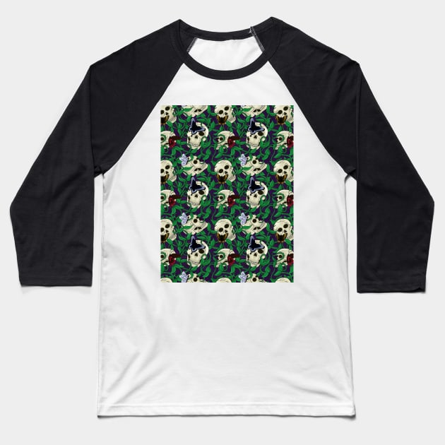 Skulls and Butterflies Spooky Pattern Baseball T-Shirt by GenAumonier